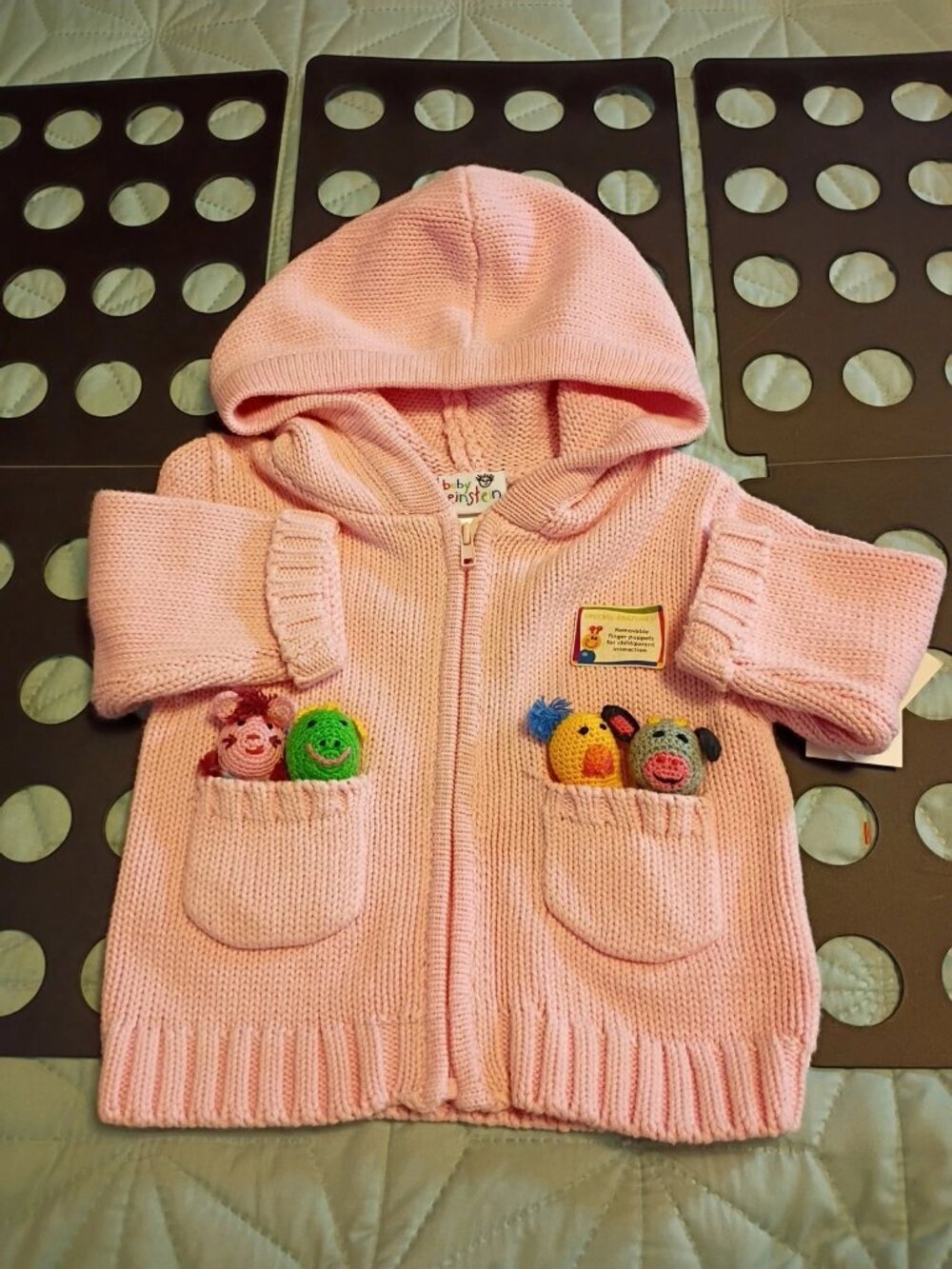Baby Einstein Zip Up Hooded Cardigan Sweater with Finger Puppets Pink 6 Mos NWT